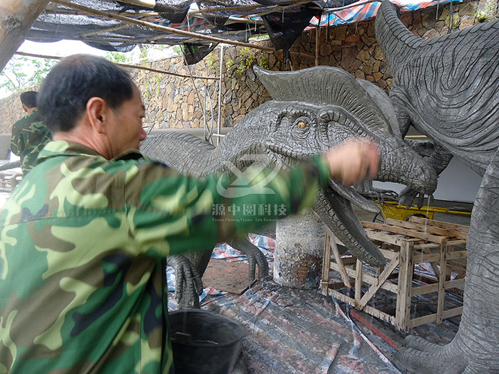 水泥雙冠龍雕塑，水泥恐龍雕塑